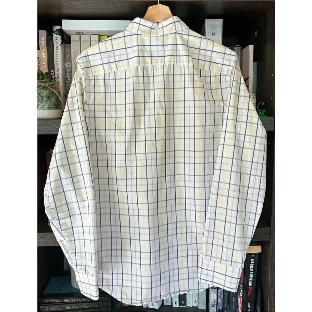 🐿️ Banana Republic White Yellow Blue Plaid Button Front Top SM 14-14.5” 32-33”